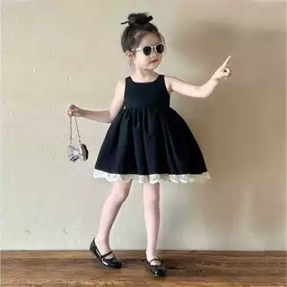 韩版童装夏季新款黑色花边背心连衣裙女童赫本风气质露背黑裙