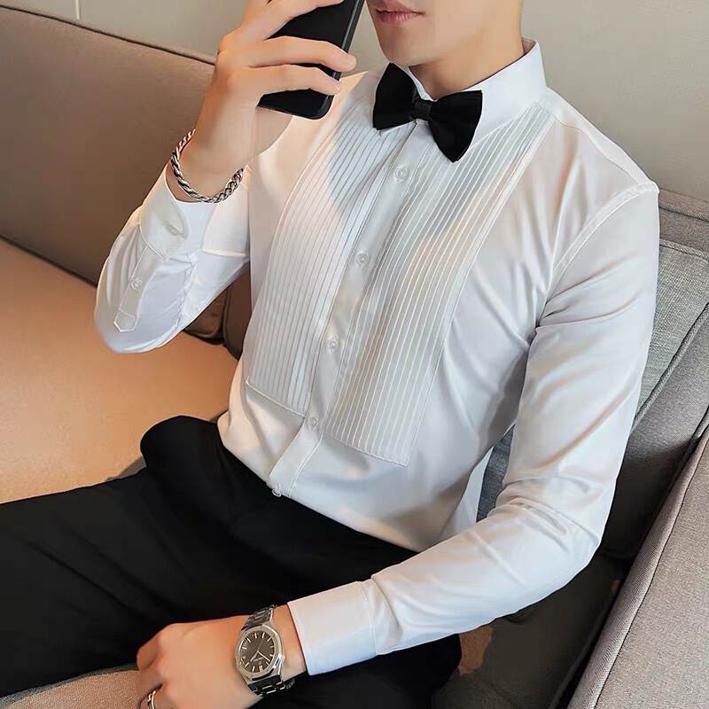 Bridegroom Wedding Long Sleeve Shirt Men's Fashion Pleated Dress Shirt Trendy Slim Fit Men's Wedding Banquet Performance Shirt