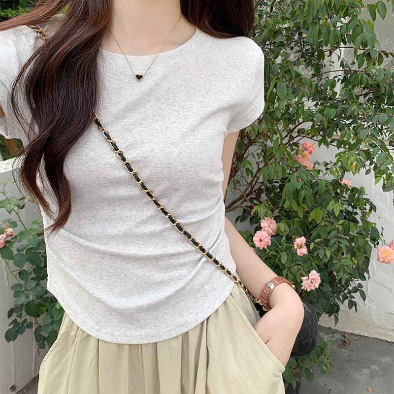 American-Style Slim-Fit Short-Sleeve T-Shirt for Women, Summer High-End Ruched Waist-Cinching Tight-Fitting Crop Top