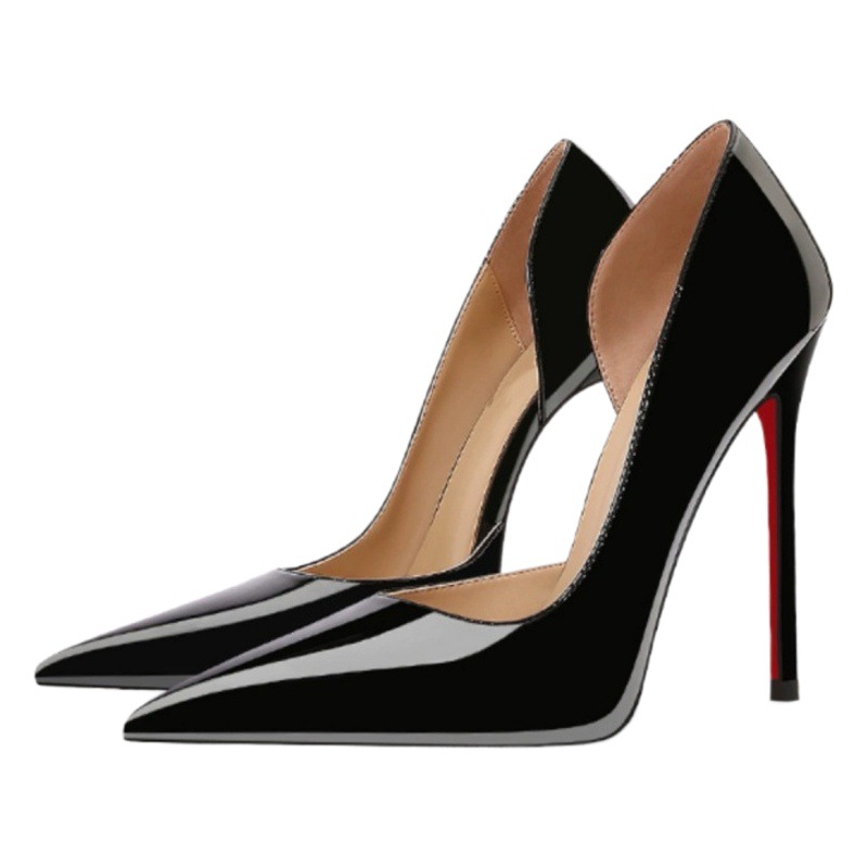 Rojo fondo lateral vacío tacones altos zapatos de mujer 2024 tacones de color desnudo puntuales de cuero esmalte temperamento zapatos de mujer nueva moda versátil