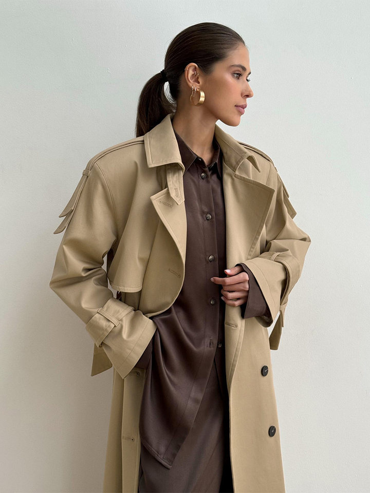 Áo khoác trench coat nữ dáng dài phong cách Âu Mỹ, chất liệu cotton, form rộng có dây thắt eo — Màu kaki, màu xám chi tiết 31