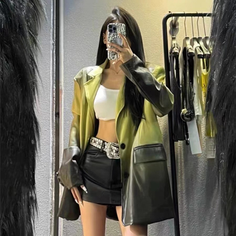 Gradient Leather Suit Jacket Women's Short 2025 Spring New High-End Elegant Loose Pu Leather Suit Top