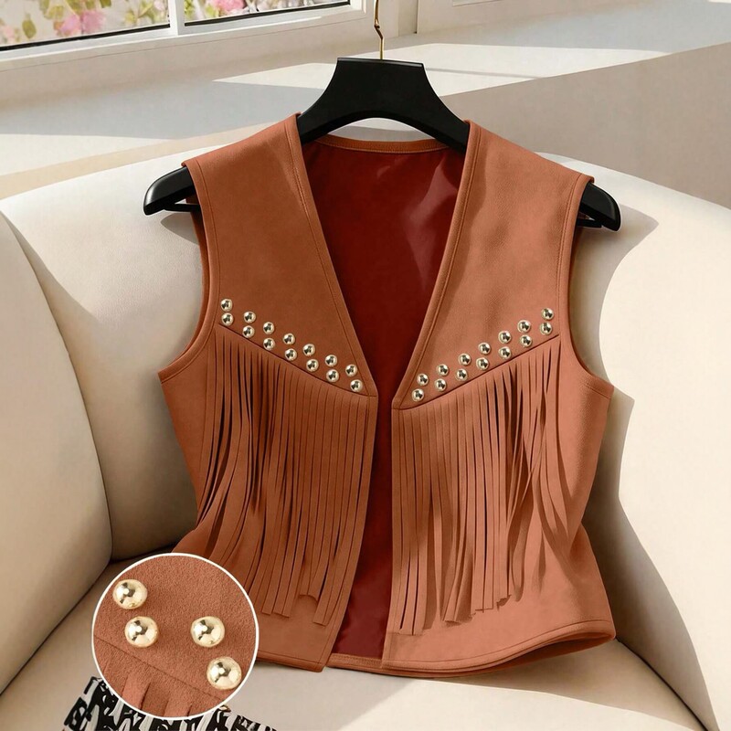 Amazon Independent Site Retro Country American Western Style Rivet Tassel Faux Suede V-Neck Sleeveless Vest for Women Amazon Independent Site Retro Country American Western Style Rivet Tassel Faux Suede V-Neck Sleeveless Vest for Women