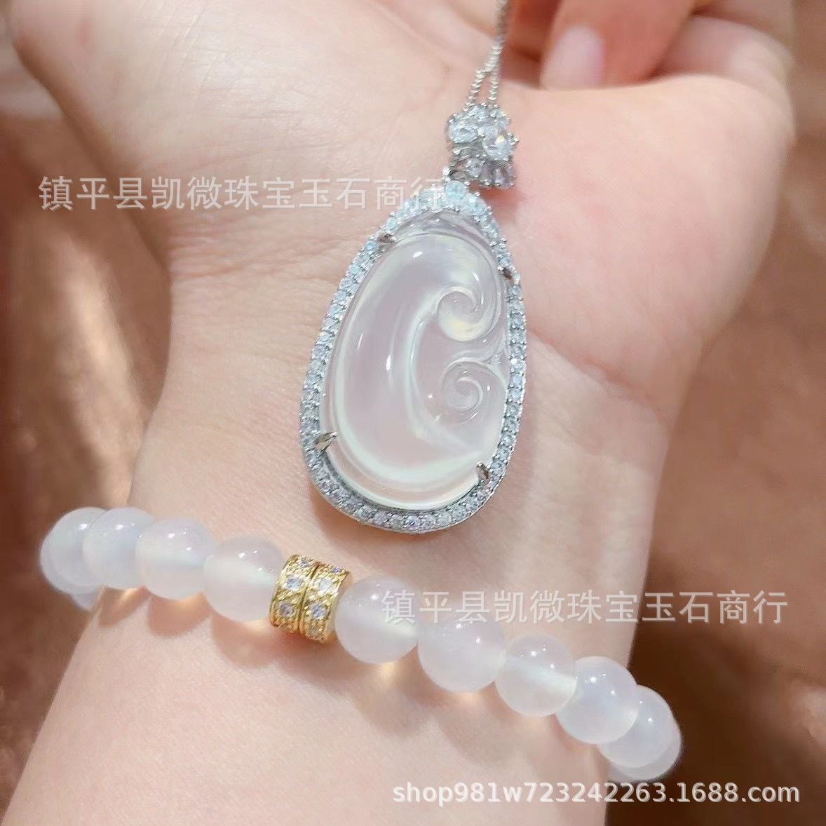 批发镀银镶嵌高冰种白玉髓如意吊坠玛瑙媲美翡翠女款玉石项链礼物