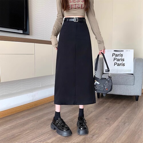 Large size preppy style gray suit covering hips to show slimming skirt women's fat m high waist all-matching a-line medium and long straight skirt