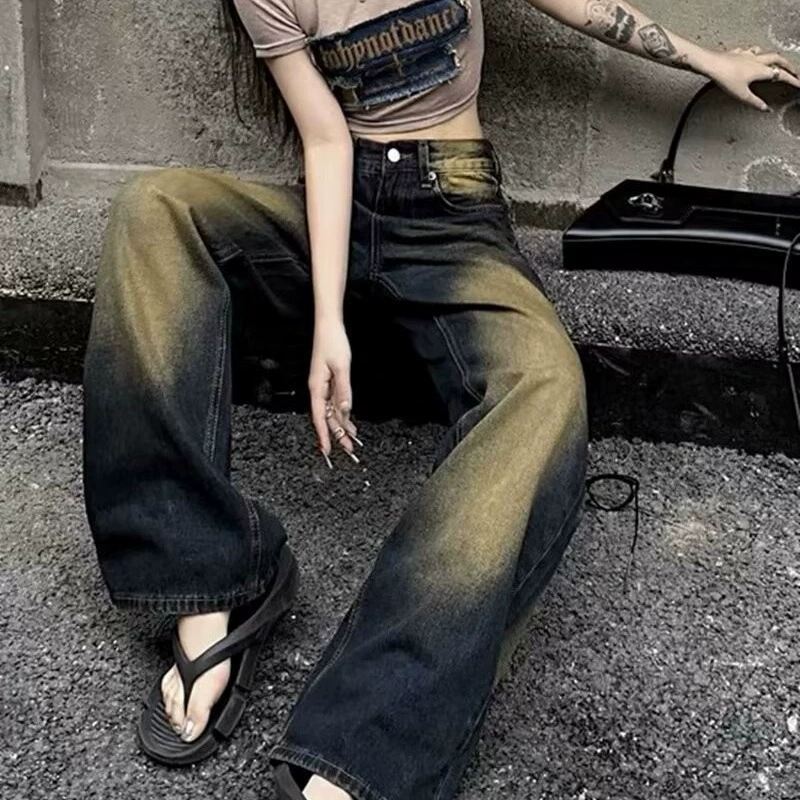 K101 джинсы мужские градиентные стирание старые красивые брюки микро-ламы американские высокие улицы свободные прямые повседневные брюки