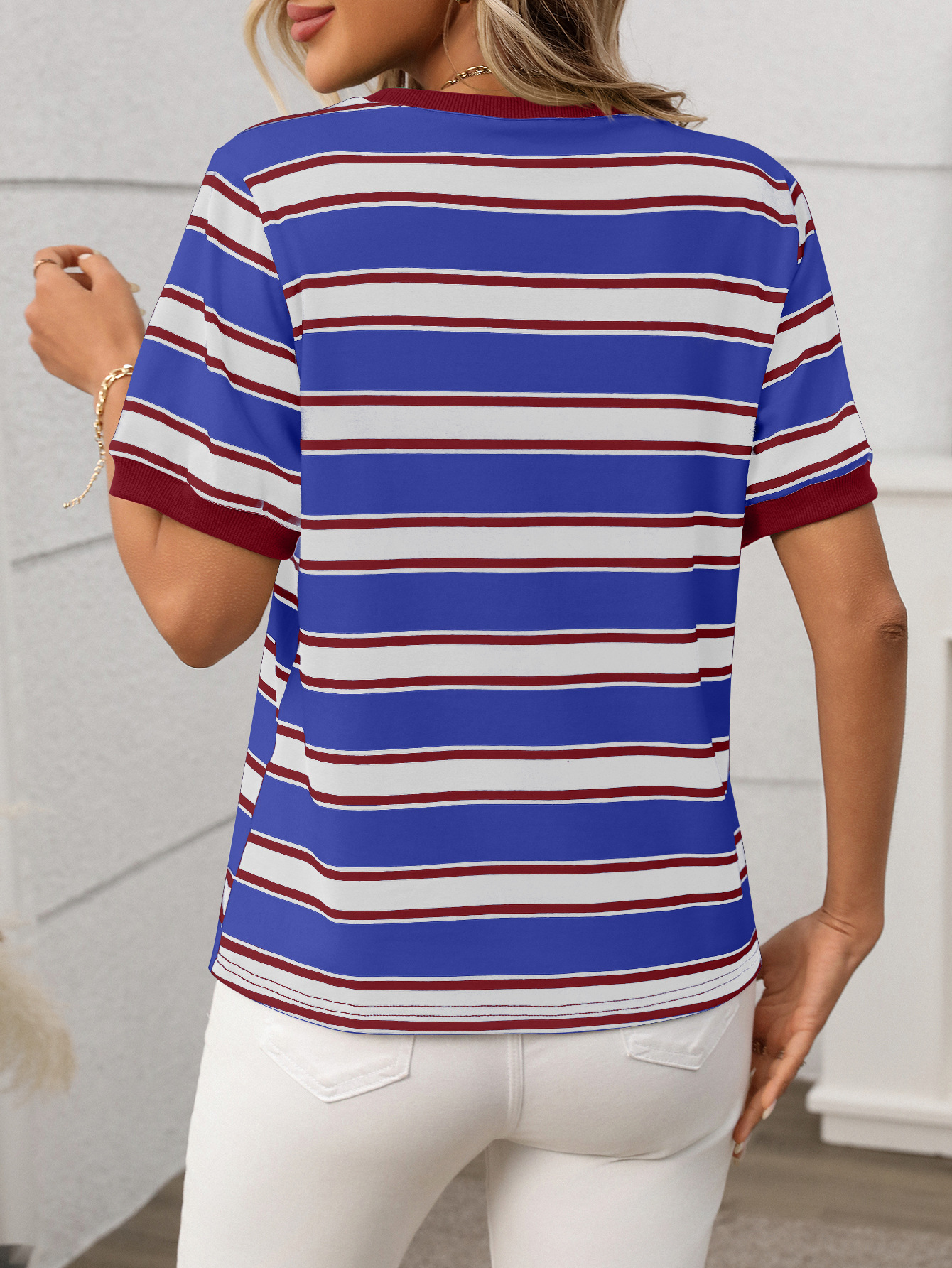 Summer round Neck Loose Top Striped Contrast Color Short Sleeve T shirt