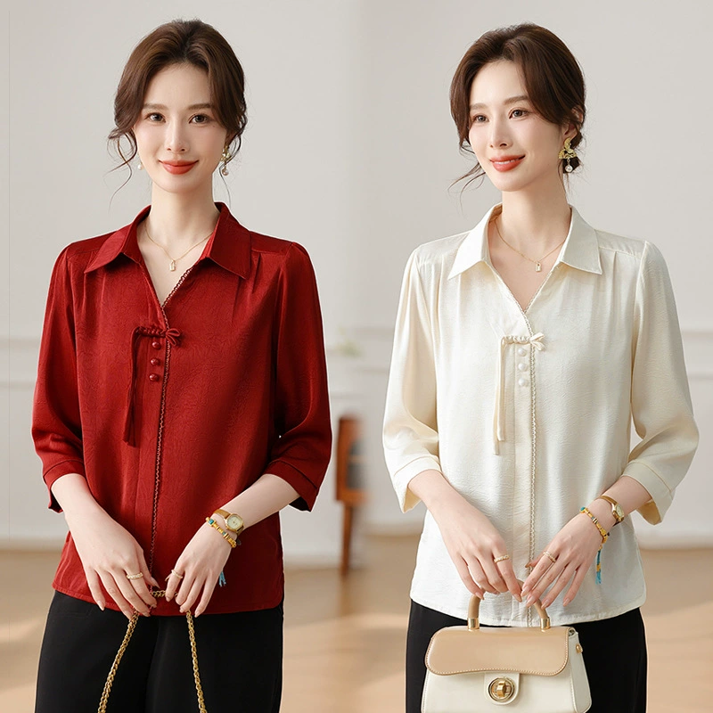 Женская рубашка с рукавами три четверти, стильный топ, новый весенне-летний стиль, универсальный большой размер, уменьшающая возраст, скрывающая тело, утягивающая рубашка-поло