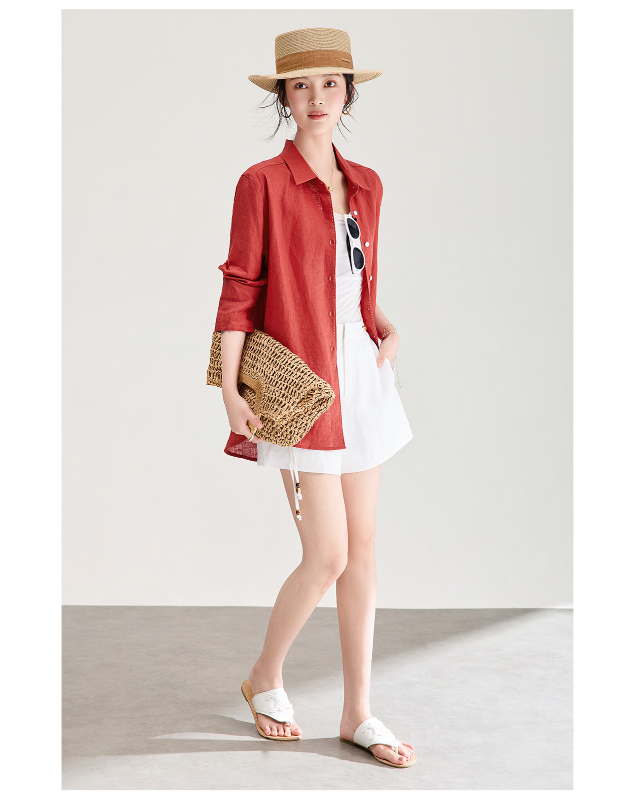 Áo sơ mi nữ linen chất lượng cao, phong cách cổ điển thư giãn, dáng rộng mùa hè — Đỏ Vermilion chi tiết 7