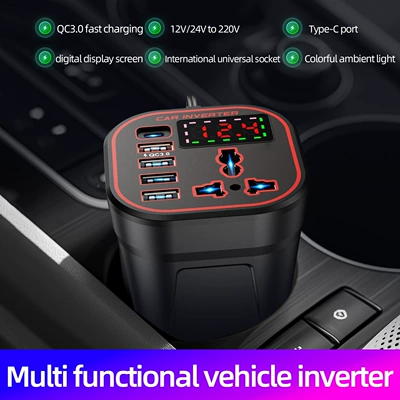 Car Inverter 12V24V to 220V Power Converter Multifunctional Car Socket Charger Mobile Phone Fast Charging (Mobil şarj cihazları) - neutral-english-versionround-cup-12v24v-universal-luxury-smart-digital-display-running-water-ambient-light-super-fast-charge-pd-port-y1-type