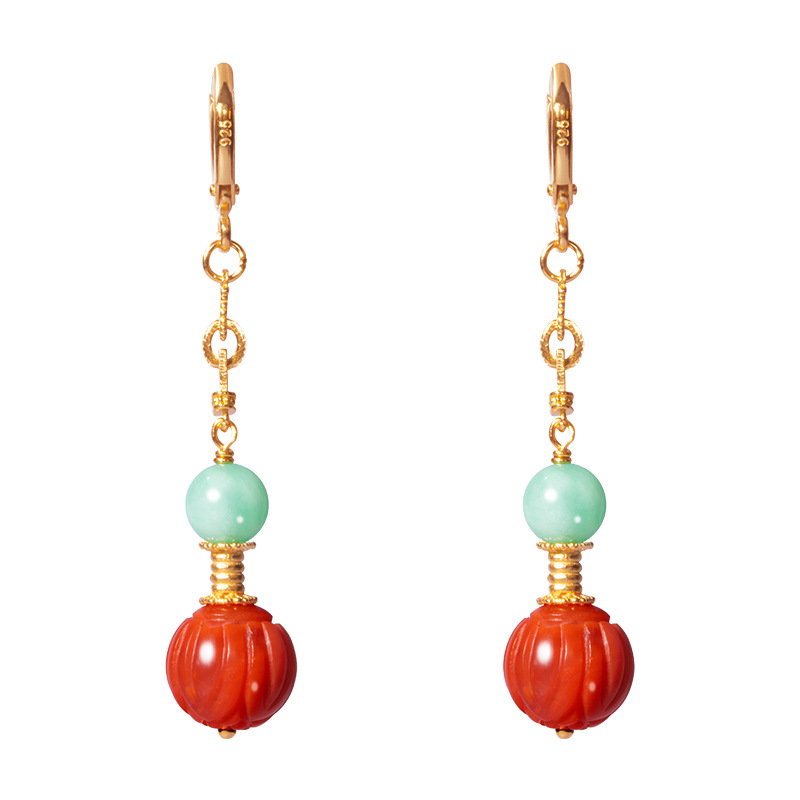 (2개) 재고 천연 몽골 풀 미트 사우스 레드 귀걸이 여성의 S  도금 18K 골드 옥 연꽃 귀걸이 공장