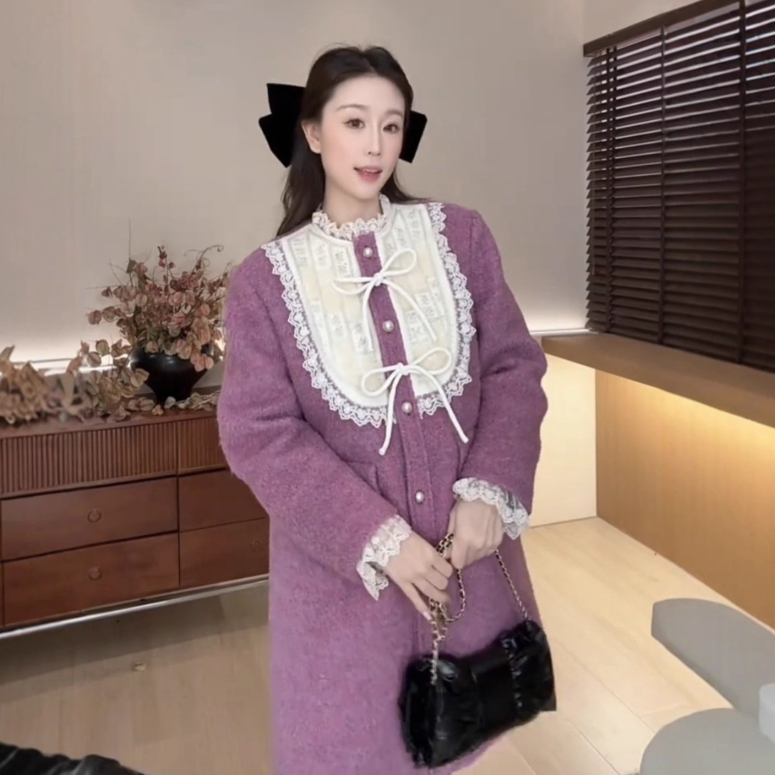 DD【安妮日记】羽绒外套中长款紫粉千金羊毛呢连衣裙温柔气质精致
