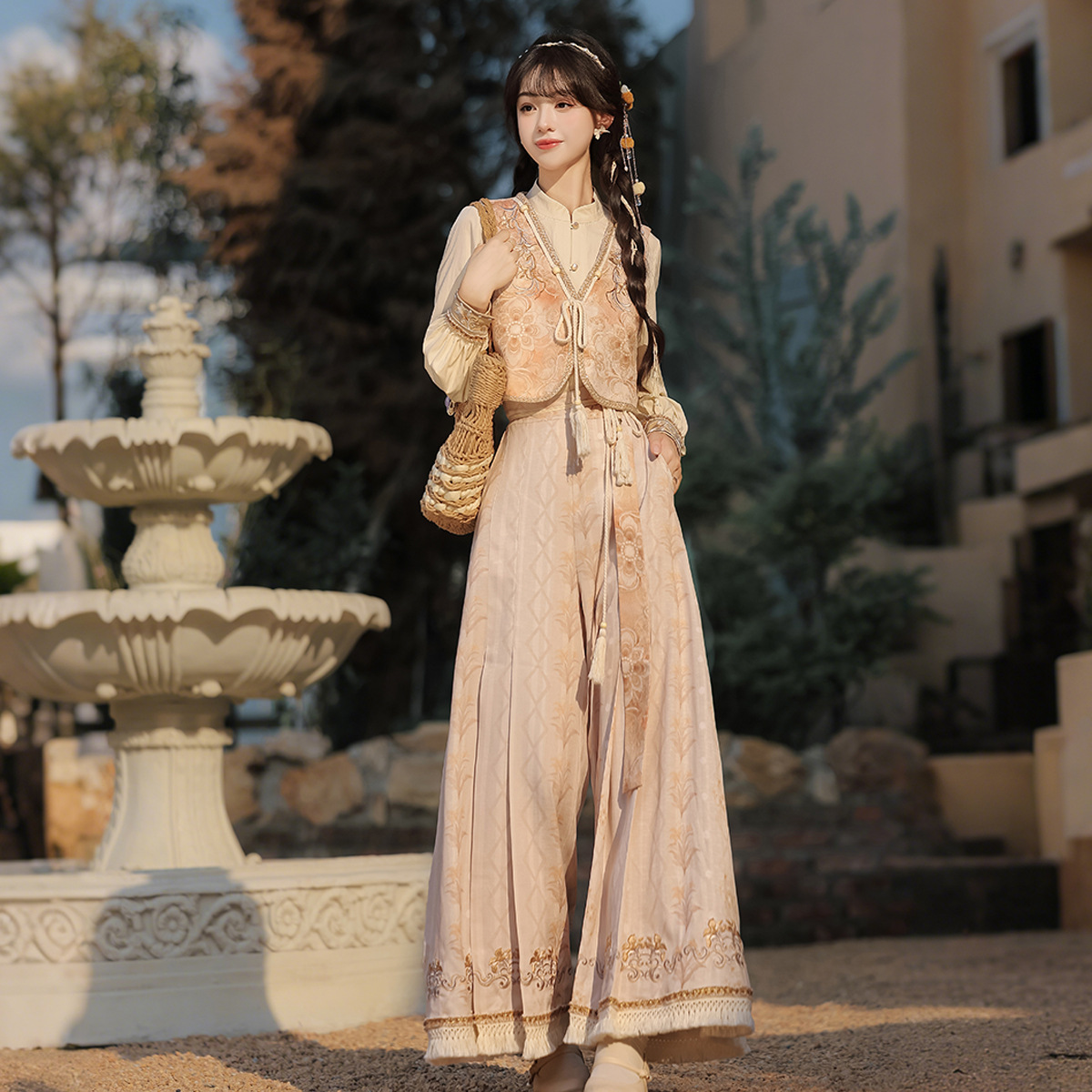2026 Yimengge Original Lily Flower Tea Chinese Style Han Elements New Chinese Style Top Pants Vest Set 9753