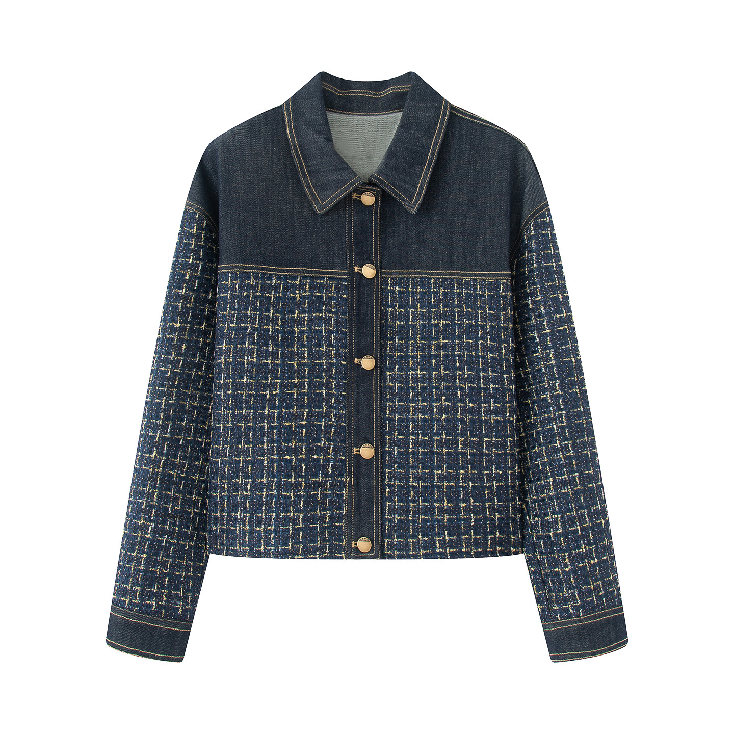 2025 New Autum Design Tweed Stitching Casual Loose Washed Denim Top Jacket for Women