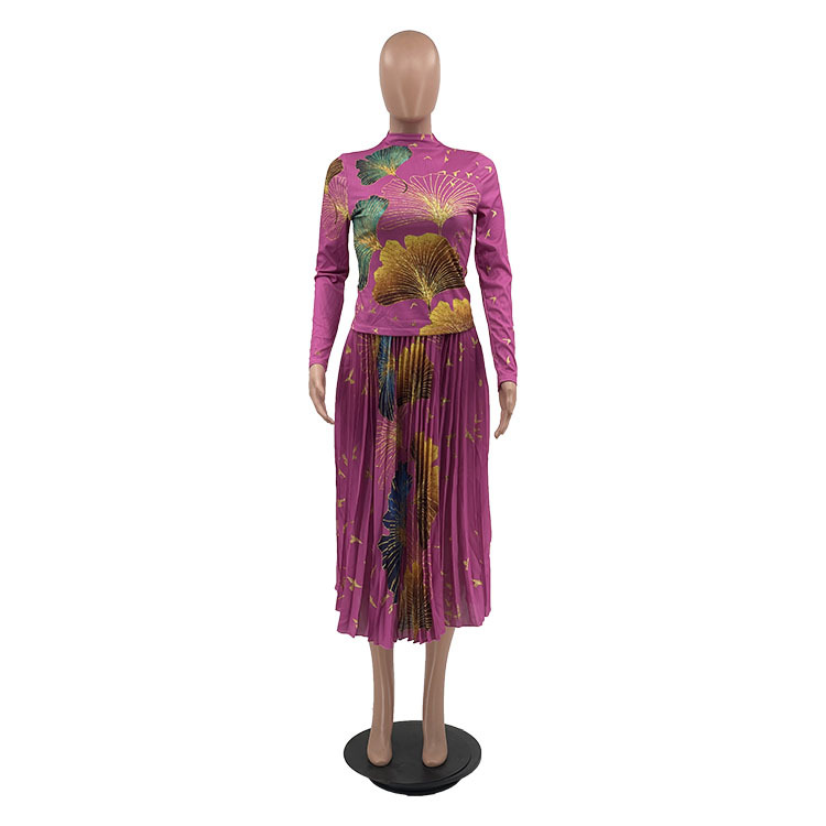 Damenbekleidung Mode Damenbekleidung Herbst und Winter neue Mode bedruckter plissierter Rockanzug mit hoher Taille_voghion.com