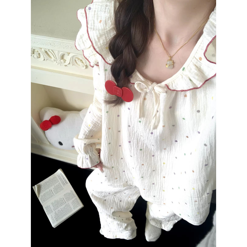 French-Style Doll Collar Pajamas for Women, Spring and Autumn Long-Sleeve Set, Sweet Polka Dot Cloud Cotton Loungewear, Can Be Worn Outside, Cross-Border
