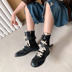 牛皮版 时髦复古拼色百搭绑带侧拉链猎装德训马丁靴女2025秋冬款
