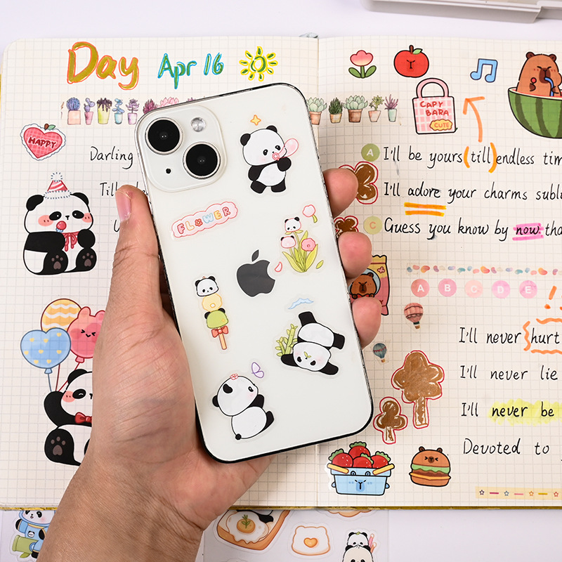 Pegatinas de panda de dibujos animados, lindas, de PET, impermeables, transparentes, para decoración de diarios, collage, botellas de agua, fundas de teléfono.