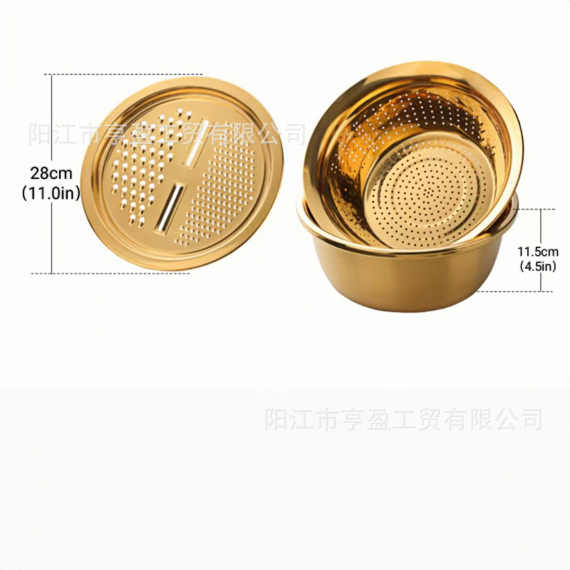 不锈钢金色刨丝盆三件套 厨房多用三合一蔬菜沥水篮淘米盆擦丝切|undefined