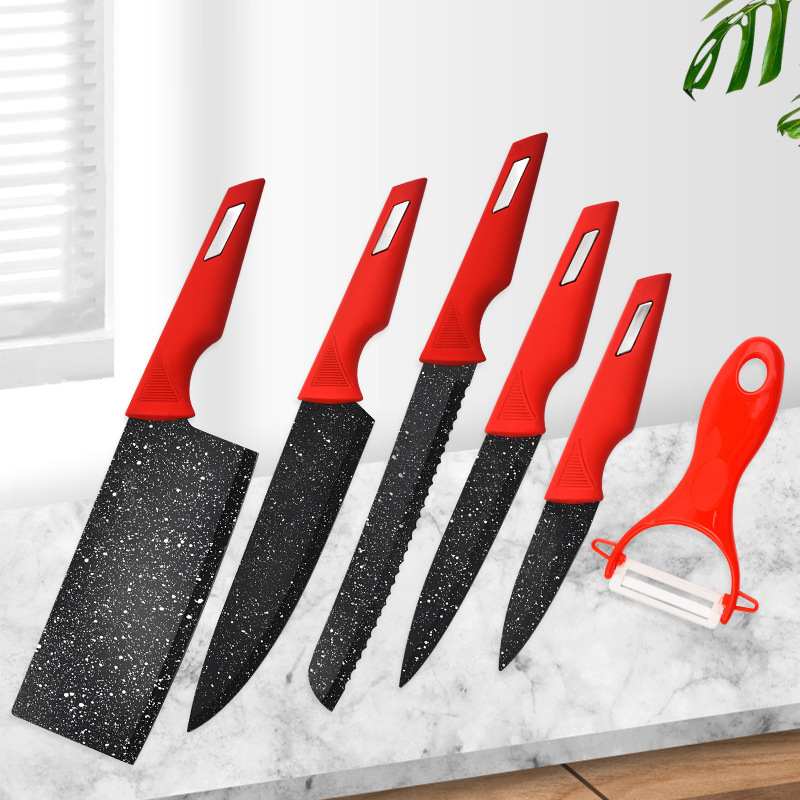 Suministro directo de fábrica de tinta de piedra hoja de acero mango rojo cuchillo de seis piezas traje de cuchillo de cocina de acero inoxidable traje de pintura en aerosol cuchillo