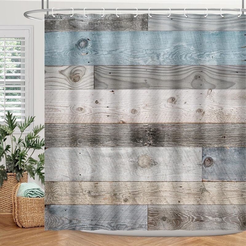 Cross-Border Shower Curtain, No-Drill Installation, Vintage Wood Strip Pattern, Retro Style, Rustic Ambiance, Bathroom Decoration with 12 Hooks
