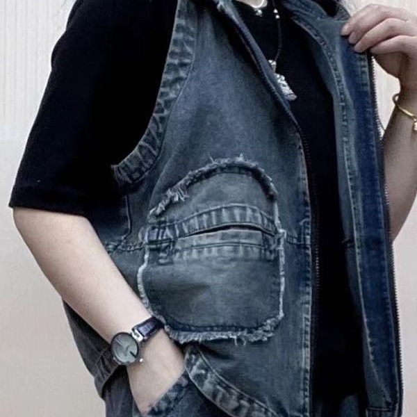 2025 Summer New Retro Fashion Denim Vest Women's Hooded Zipper Vest Jacket Age-Reducing Style Top Trend