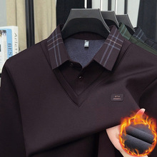 冬季新款加绒加厚假两件男士翻领一体绒T恤保暖休闲时尚POLO衫男