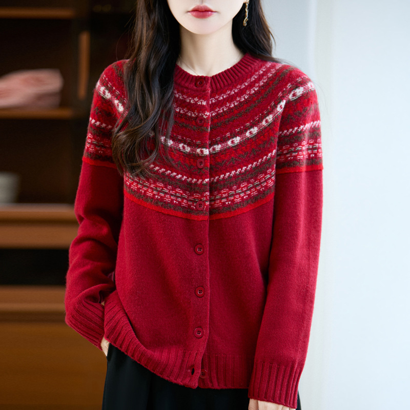 100纯羊毛开衫女新款秋冬圆领毛衣外套费尔岛针织女装外搭上衣|undefined