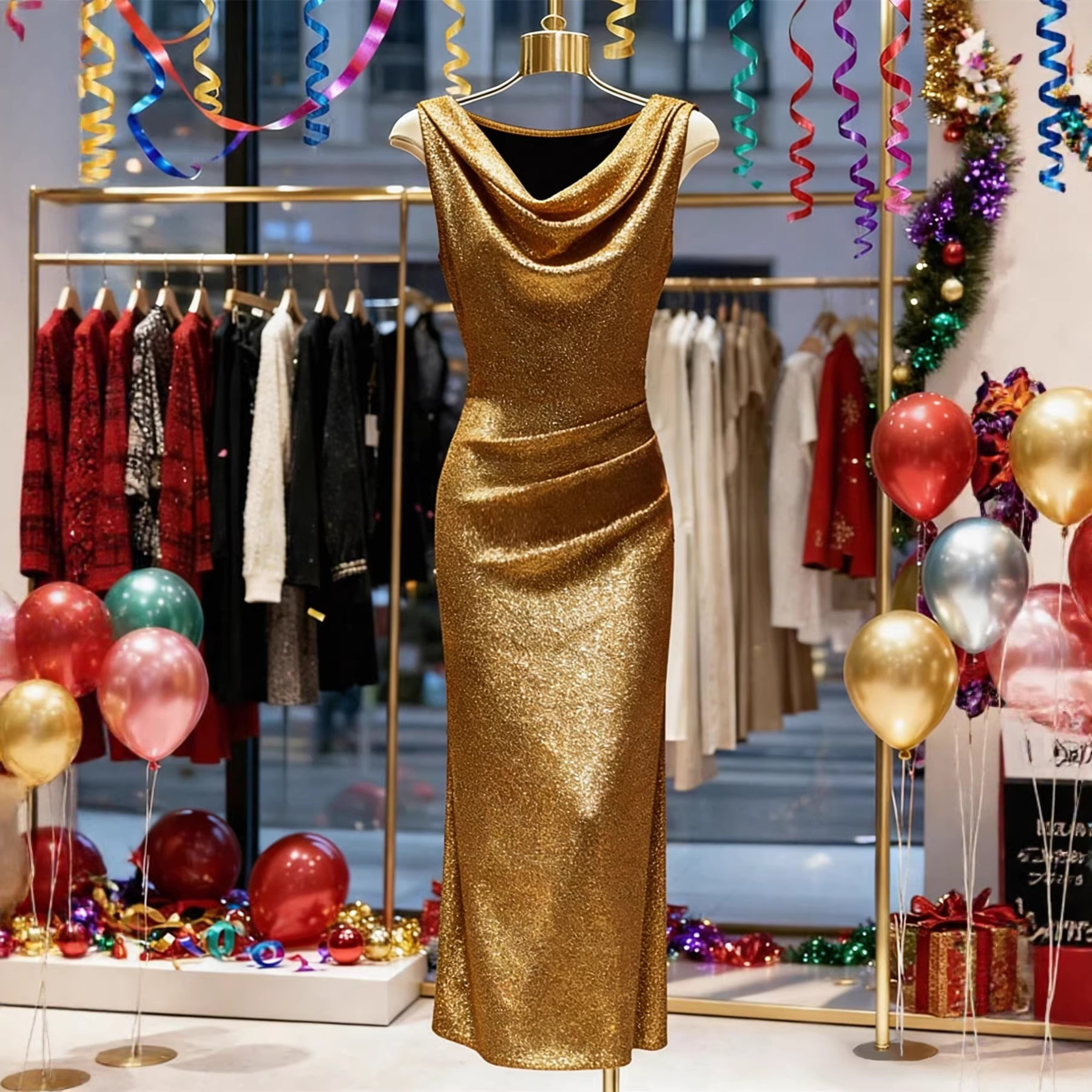Elegante glitterjurk met split en gelaagde halslijn voor cocktailparty's, bruiloften en banketten._voghion.com
