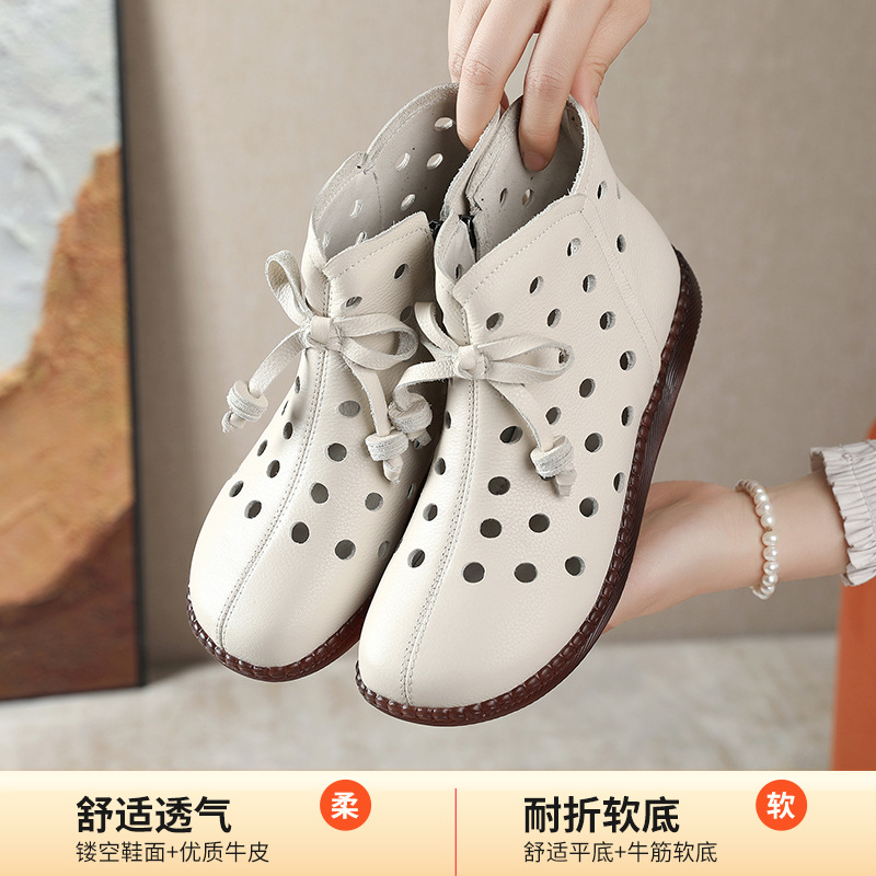 Leather retro casual low boots for summer and autumn platform wedge…