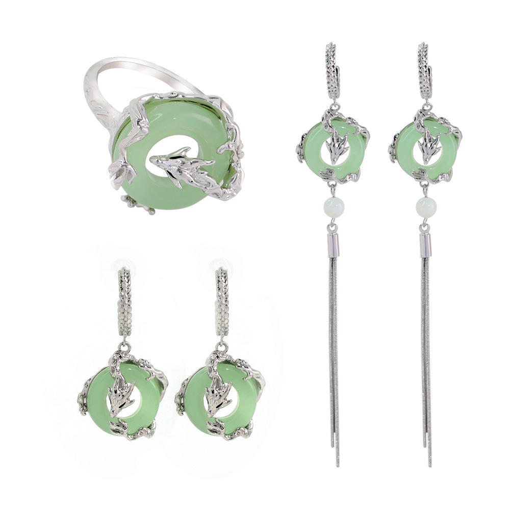 Kafuna China-Chic Antico Argento Sterling Naturale Hotan Anello Orecchini Set Gioielli Live_voghion.com