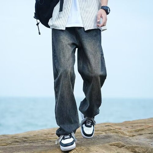American retro jeans, men's spring and autumn, fashion brand, high street washed, wide-leg, straight, loose casual long pants, men