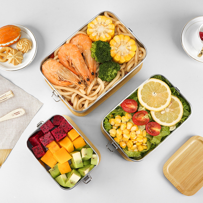 Caja de almuerzo de acero inoxidable 304 con tapa de bambú Caja de almacenamiento de refrigerador japonés fresco caja de almacenamiento caja de almuerzo cuadrada con hebilla