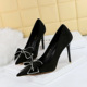 9511-H7 Sexy Nightclub Super High Heel Women's Shoes Thin Heel Suede Shallow Mouth Pointed Rhinestone Bow Tie Single Shoe