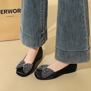 837-H122 French Fashion Silk One Step Comfortable Inner Height Increase Middle Heel Water Diamond Bow Square Head Single