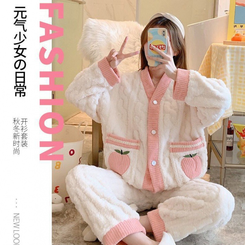 秋冬季珊瑚绒睡衣套装女加绒加厚家居服时尚可外穿法兰绒开衫睡袍|undefined