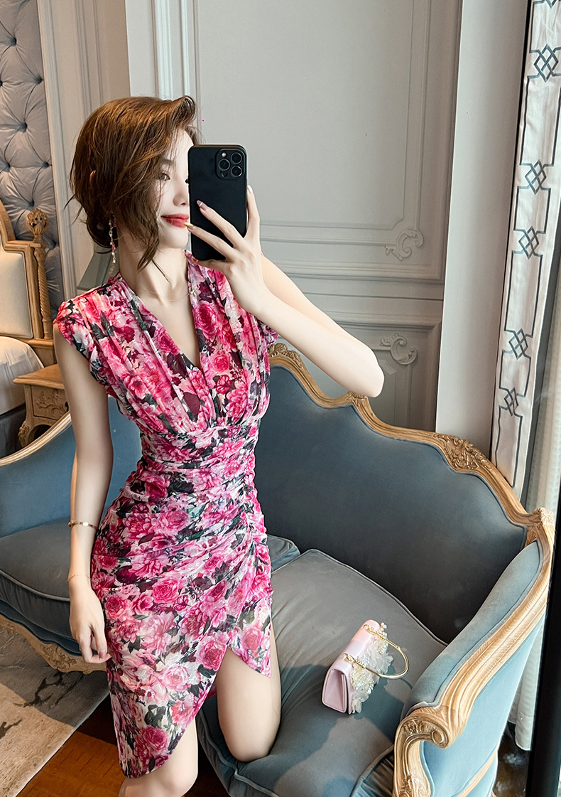 Đầm liền thân không tay in họa tiết hoa retro Pháp, kiểu dáng bất đối xứng ôm hông — Màu hoa chi tiết 5