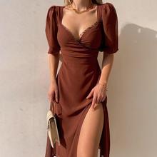 2024夏季欧美气质优雅淑女开衩中长裙时尚法式低胸泡泡袖连衣裙女
