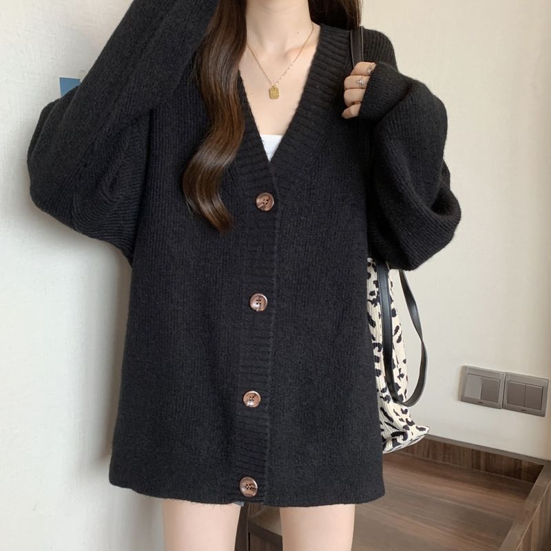 复古毛衣开衫女大码微胖mm春秋慵懒风高级感V领针织外套上衣|undefined