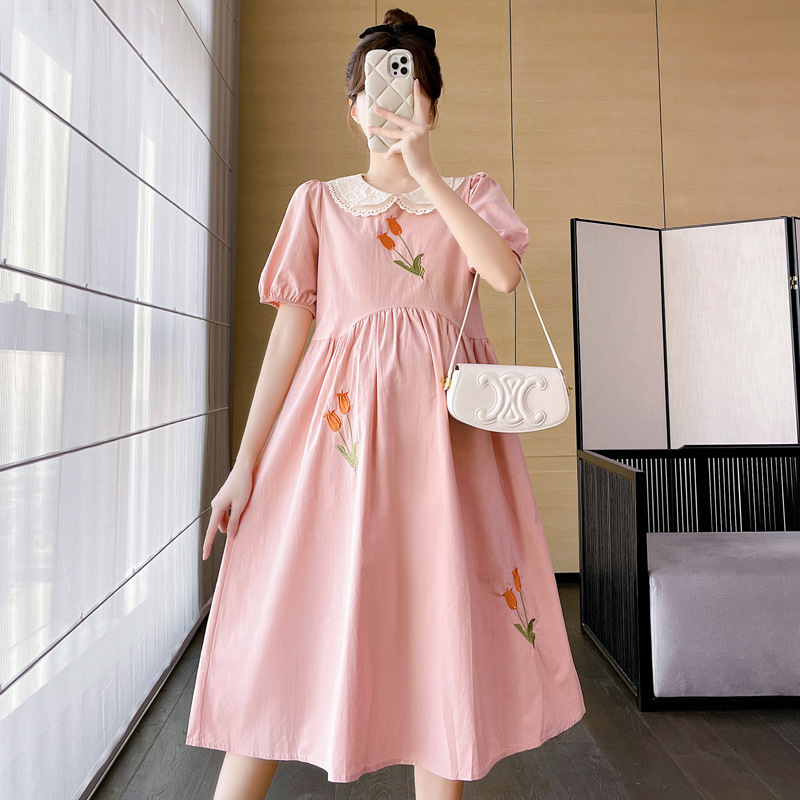 Maternity Wear 2025 Summer New Pure Cotton Plus Size Dress Flower Embroider Maternity Skirt Popular A-Line Skirt Summer Dress