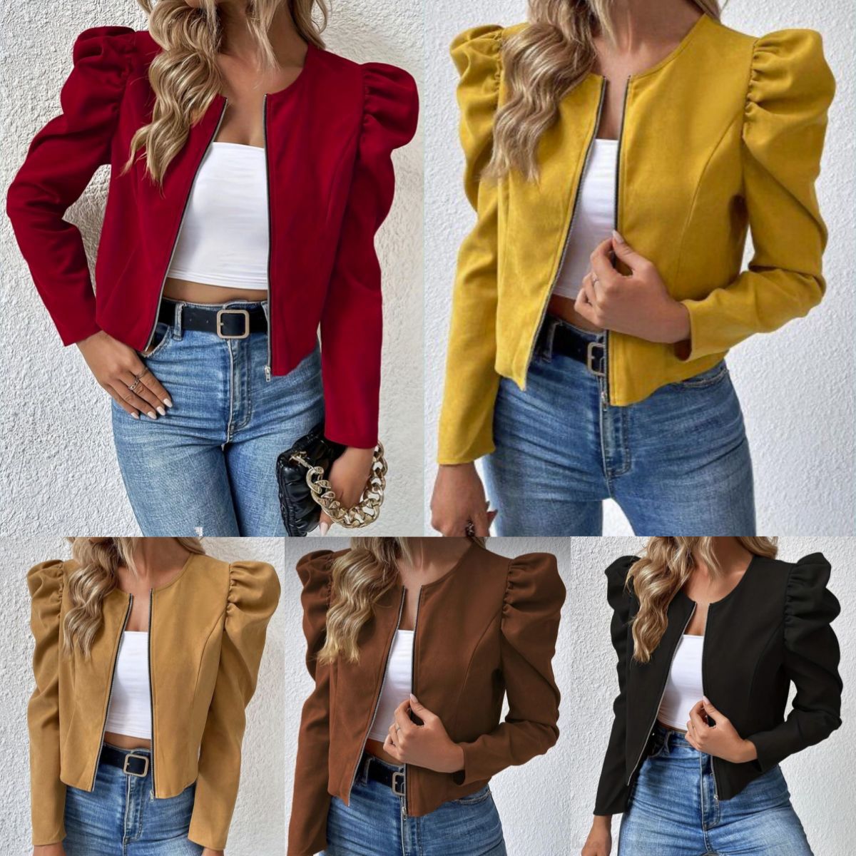 Spot 24 Spring & Fall New Products European and American Export Independent Station Pure Color Round Neck Cardigan Zipper Puff Long-Sleeved Jacket Women's Clothing