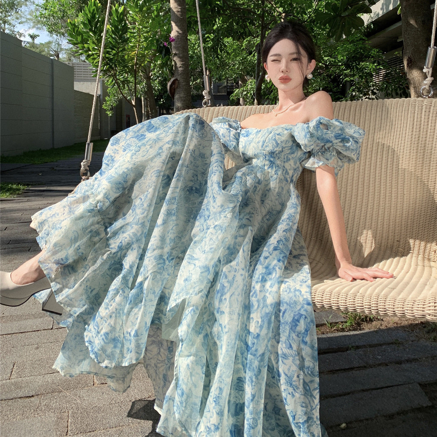 해변 사진 여행 해변 원피스 착용 휴일 보헤미안 요정 긴 원피스 거품 소매 원피스 꽃 원피스