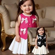 跨境亚马逊欧美童装女童新款春夏新款蝴蝶结马甲百褶裙套装两件套