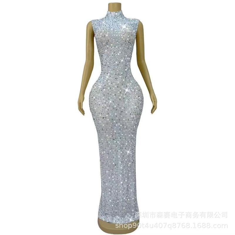 夏季新款晚礼服女长款钉钻修身显瘦舞会派对新娘结婚礼服连衣裙|undefined