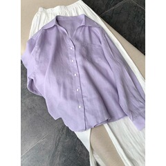 CHAO级推荐！浅紫色V领亚麻衬衫女夏季新款polo领宽松防晒衫上衣