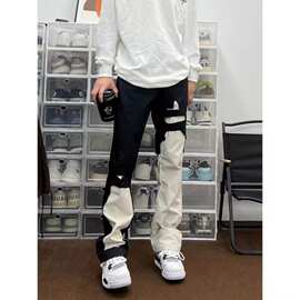 黑白拼接牛仔裤男潮牌痞帅cleanfit裤子美式高街微喇休闲裤加长版