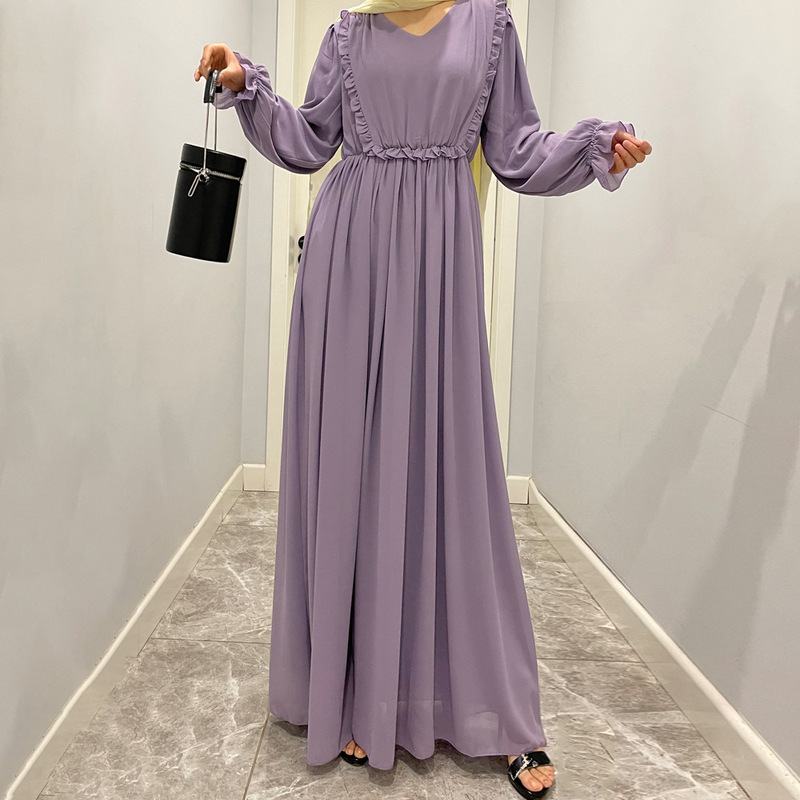 2022 spring and summer new style wooden ear long sleeve dress solid color women's chiffon dress in stock generation hair 1340