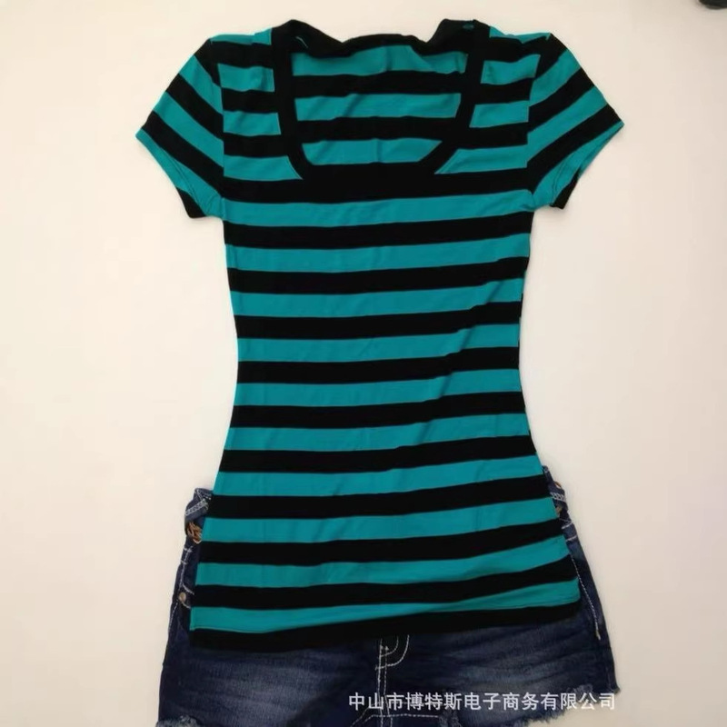 Cross-Border Y2K New European and American Style Casual Slim-Fit Round-Neck Striped Casual Slim-Fit Color-Block T-Shirt Women's Top