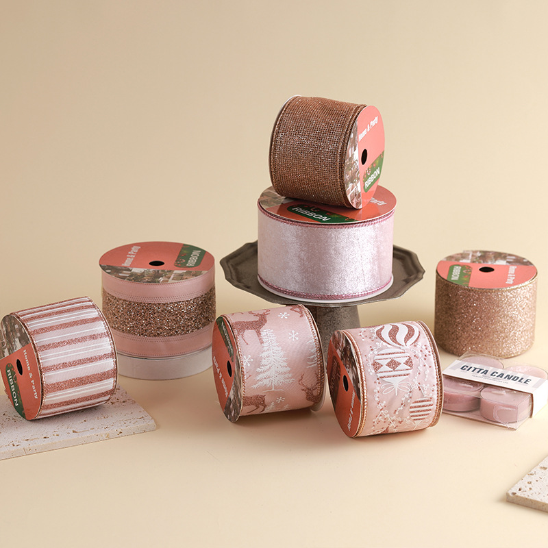 Transfronterizos de oro rosa rosa rosa cinta de navidad estampada cinta de oro decoración de árbol de Navidad cinta arco diy