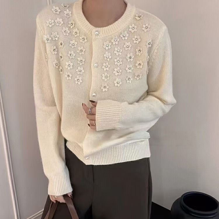 秋冬新款韩系甜美重工立体花朵针织开衫软糯文艺复古风毛衣女外套|undefined